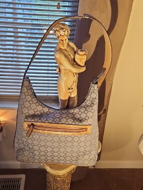 Stylish Blue Patterned Shoulder Bag with Tan Trim